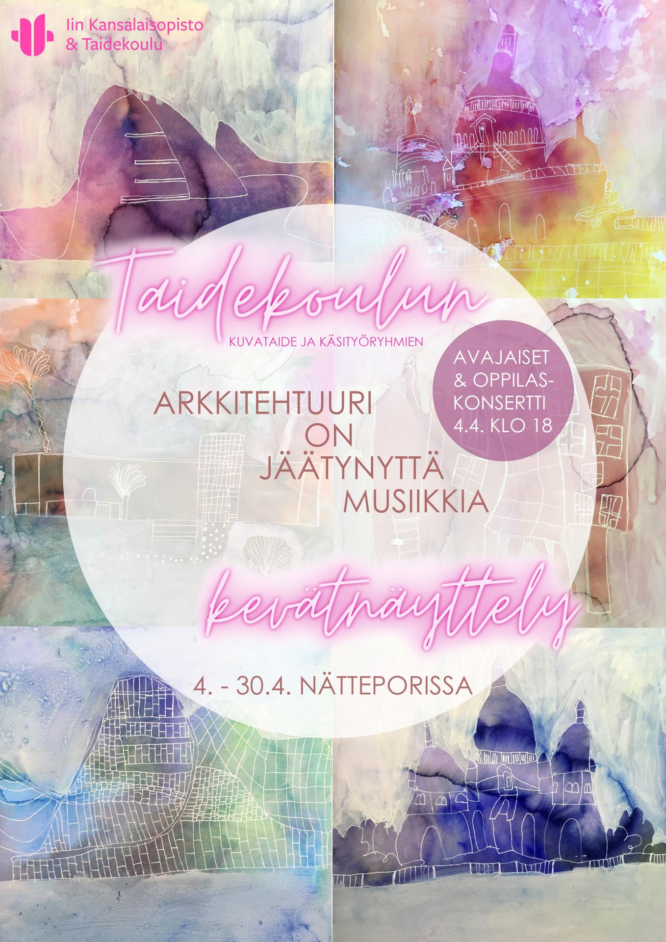 Taidekoulun kuvataide- ja käsityöryhmien näyttelyavajaiset ja oppilaskonsertti 4.4. klo 18 Nätteporissa. Näyttely on esille 30.4. saakka.