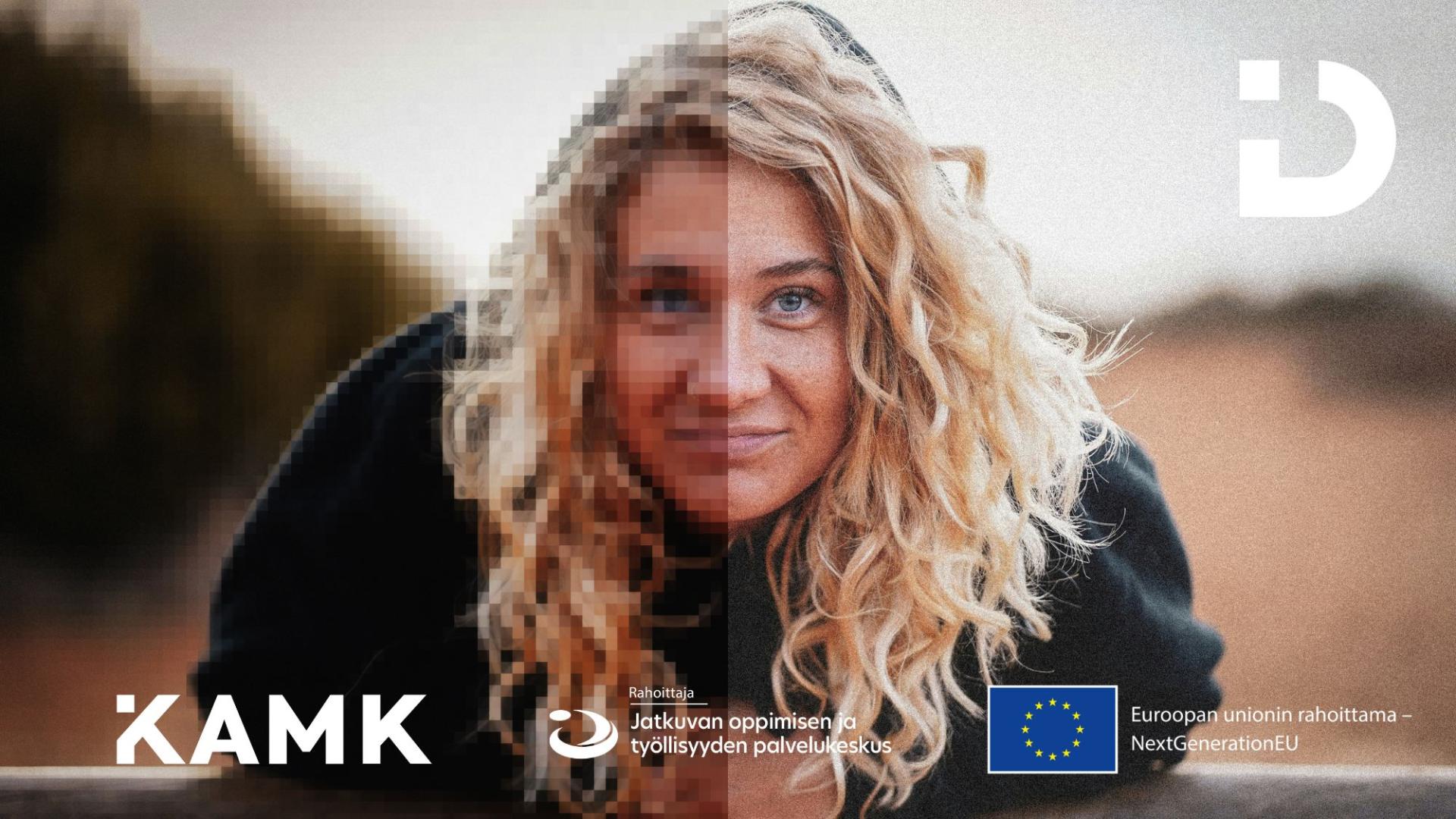Puoliksi pikselöitynyt ja puoliksi tarkkarajainen ihminen. Ditta-hankkeen, Kamkin, Jatkuvan oppimisen ja työllisyydenpalvelukeskuksen ja EU NextGeneration -logot.