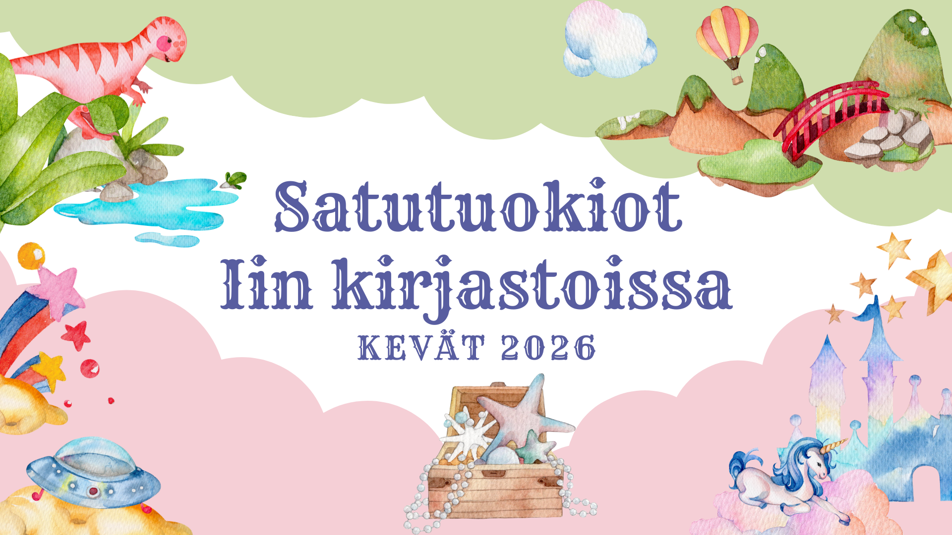 Värikkäitä satuhahmoja reunoilla ja keskellä tekstiä