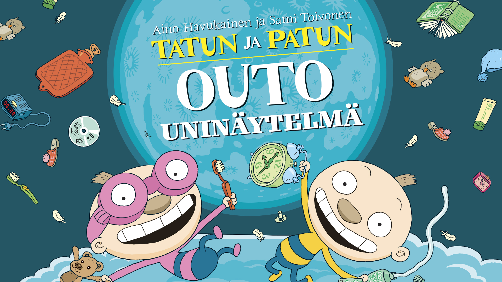 Tatu ja Patu piirroshahmot ja leijuvia esineitä sekä näytelmän nimi