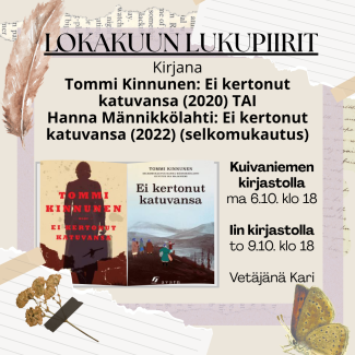 Kuva lukupiirin kirjan kannesta tyylitetyllä taustalla.