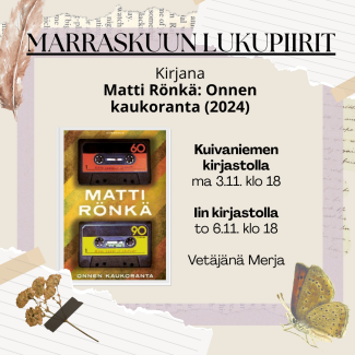 Kuva lukupiirin kirjan kannesta tyylitetyllä taustalla.